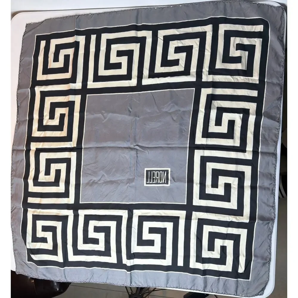 Vintage Rare Norman Norell Greek Key Gray Black White Logo Signature Silk Scarf
